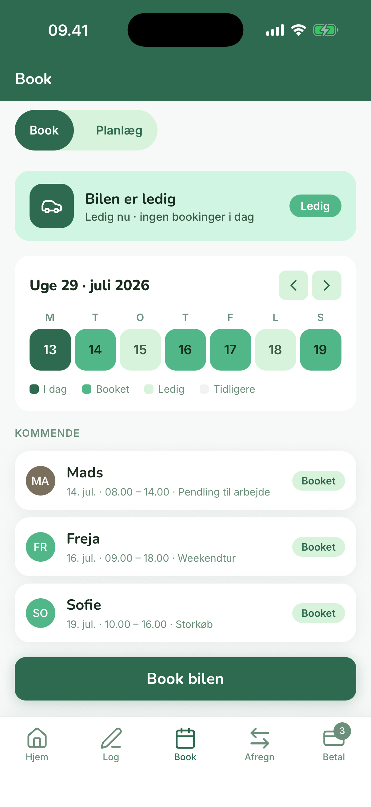 VehloShares Book-fane med kalender, ledighed og kommende bookinger