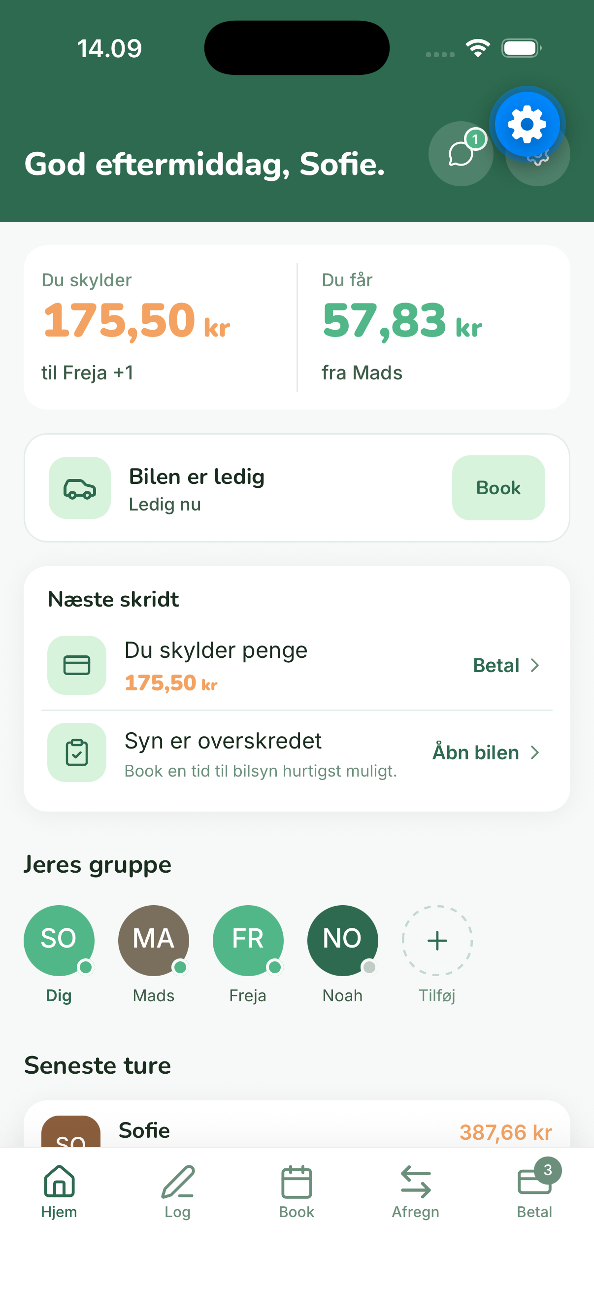 VehloShares startskærm med saldo, bilstatus og gruppens næste opgaver