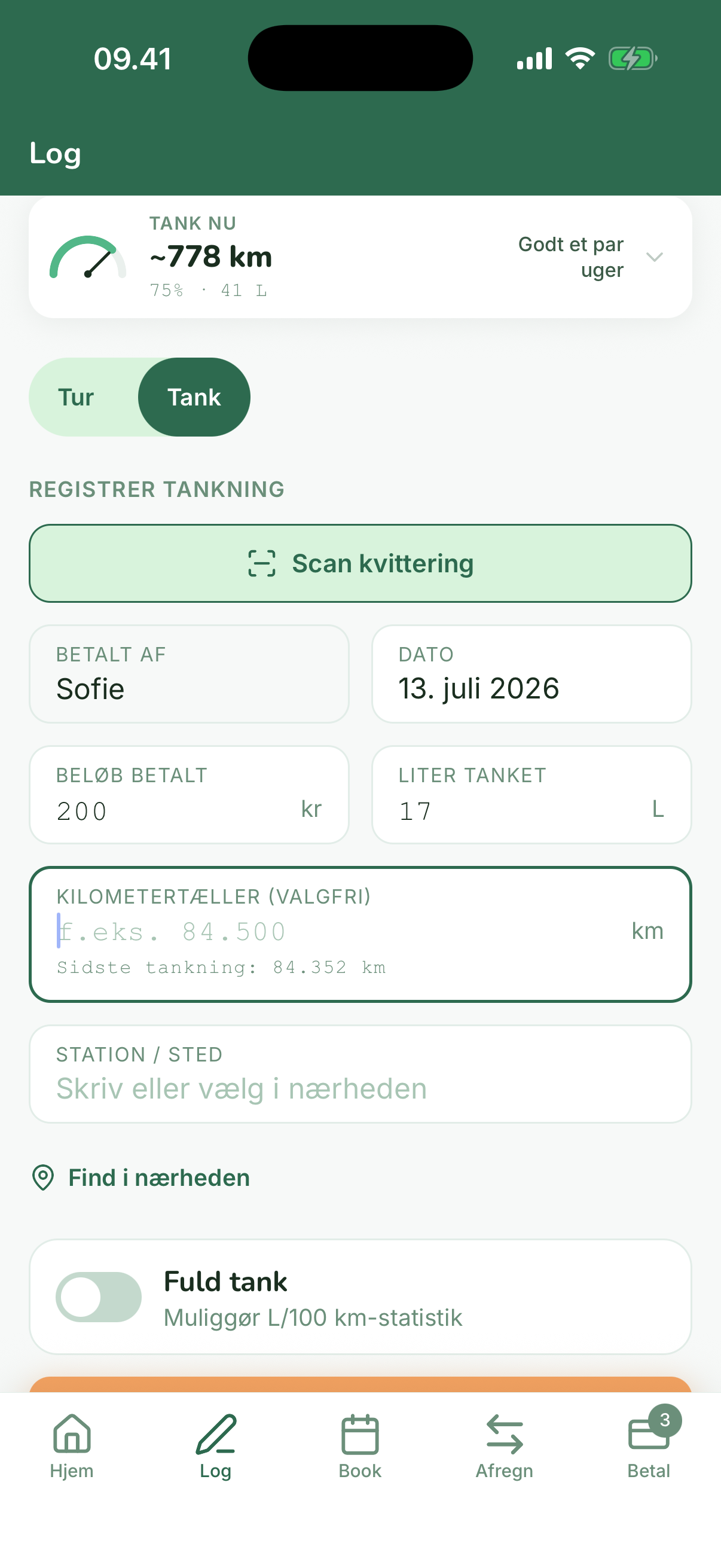VehloShares Log-fane med tankning, scan kvittering samt beløb og liter