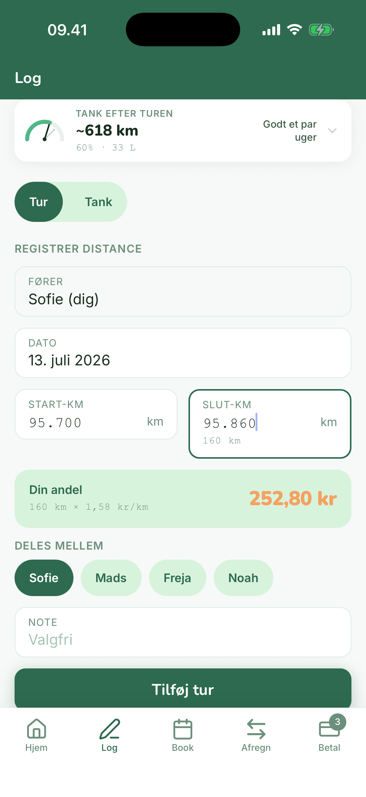 VehloShares Log-fane med turregistrering, kilometerstand og din andel af turen