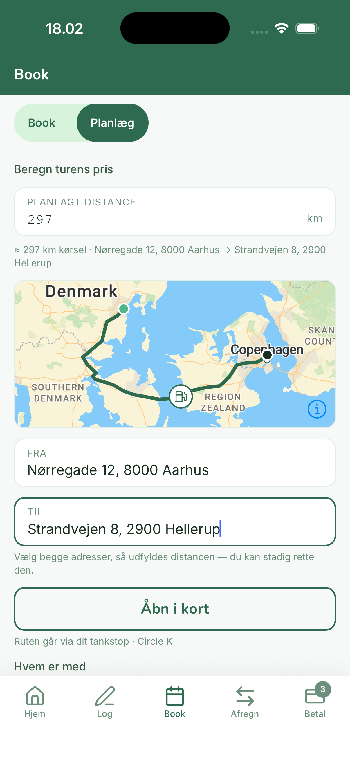 VehloShares Planlæg-fane med rute, planlagt distance og turens pris