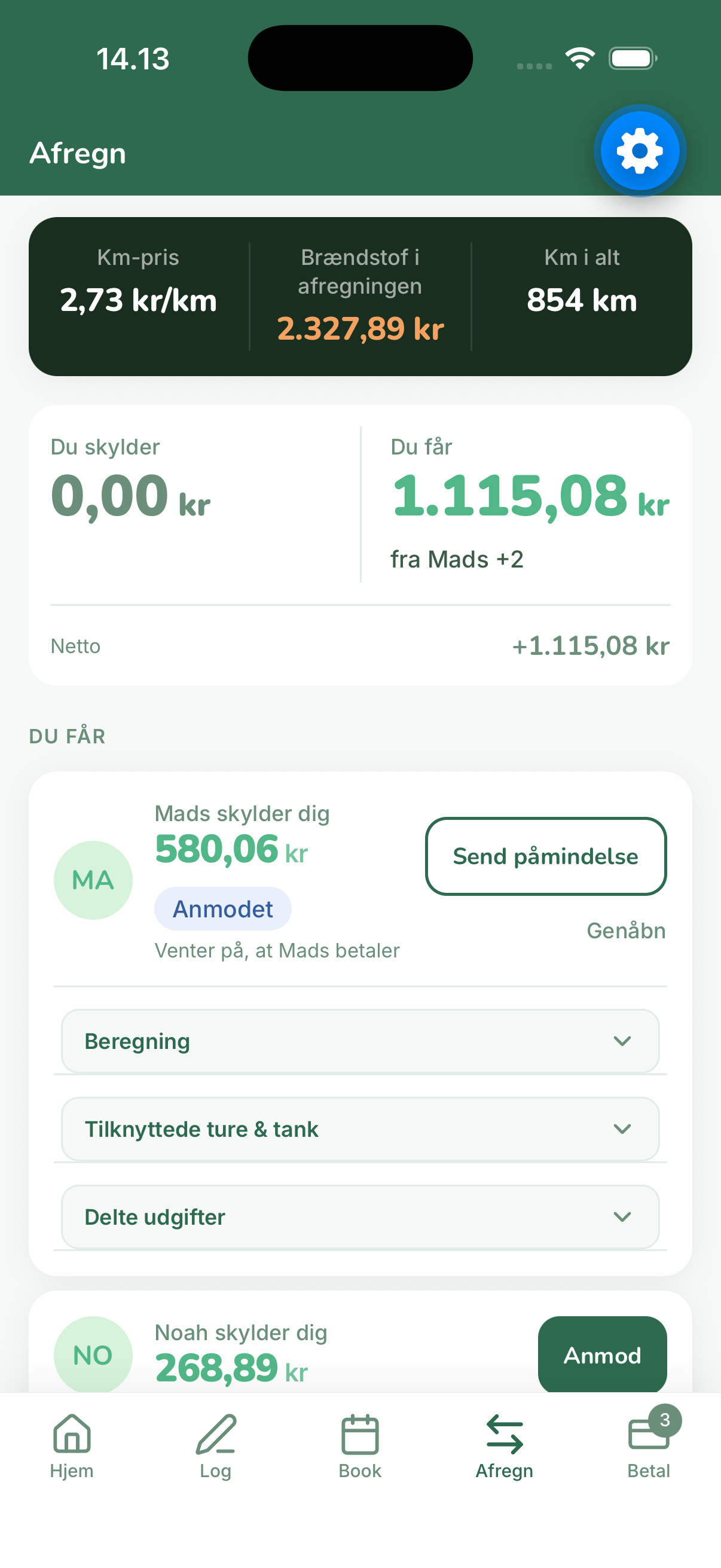 VehloShares Afregn-fane med kilometerpris, saldo og betalingsanmodninger